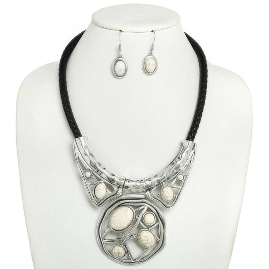 Boho Turquoise Leather Cord Bib Necklace Set