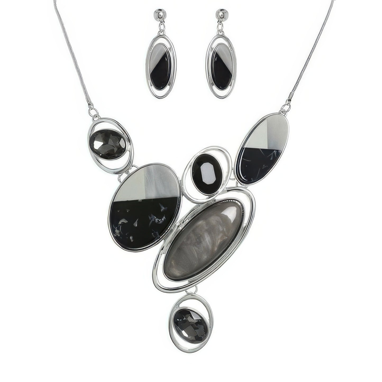 Natural Gem Oval Cluster Bib Necklace Set
