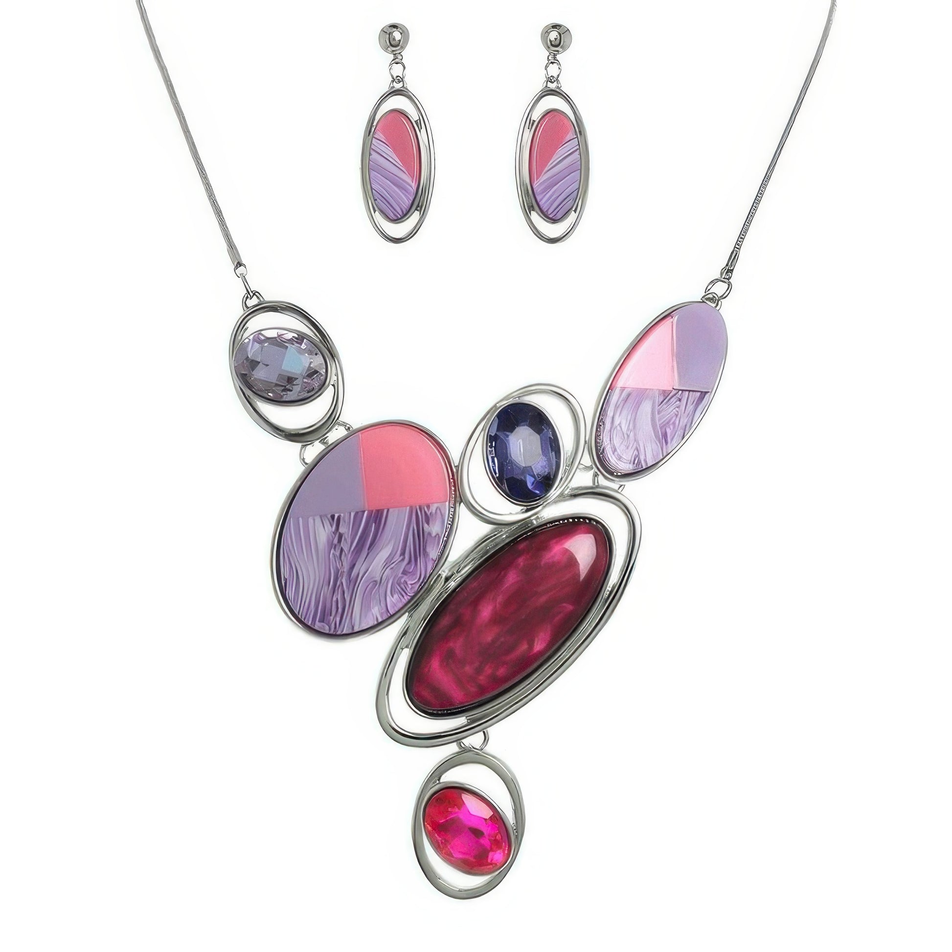 Natural Gem Oval Cluster Bib Necklace Set