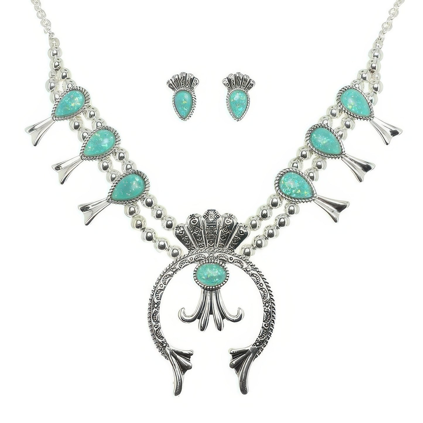 Western Epoxy Gemstone Squash Blossom Necklace Set