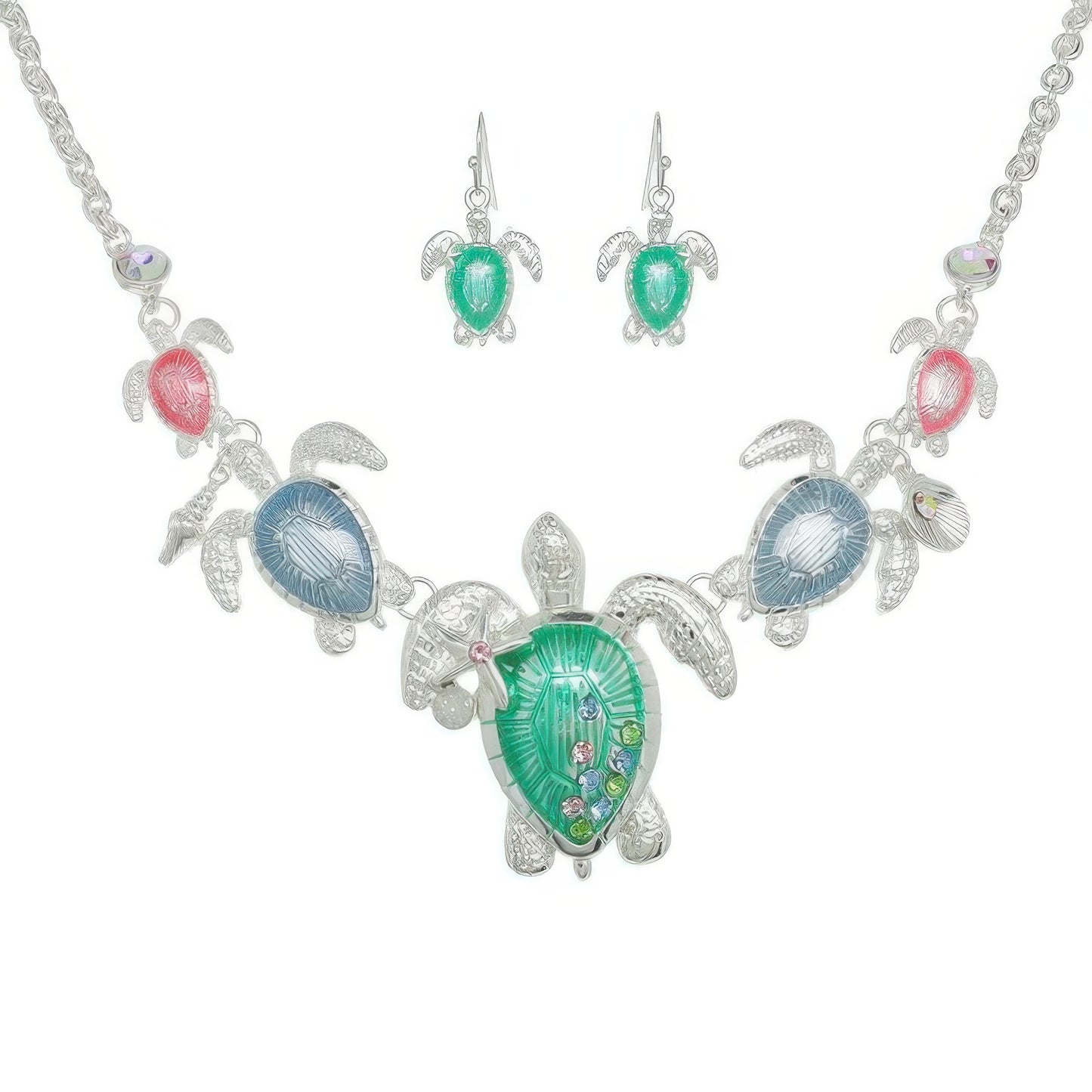 Sea Life Rhinestone Metal Bib Necklace Set