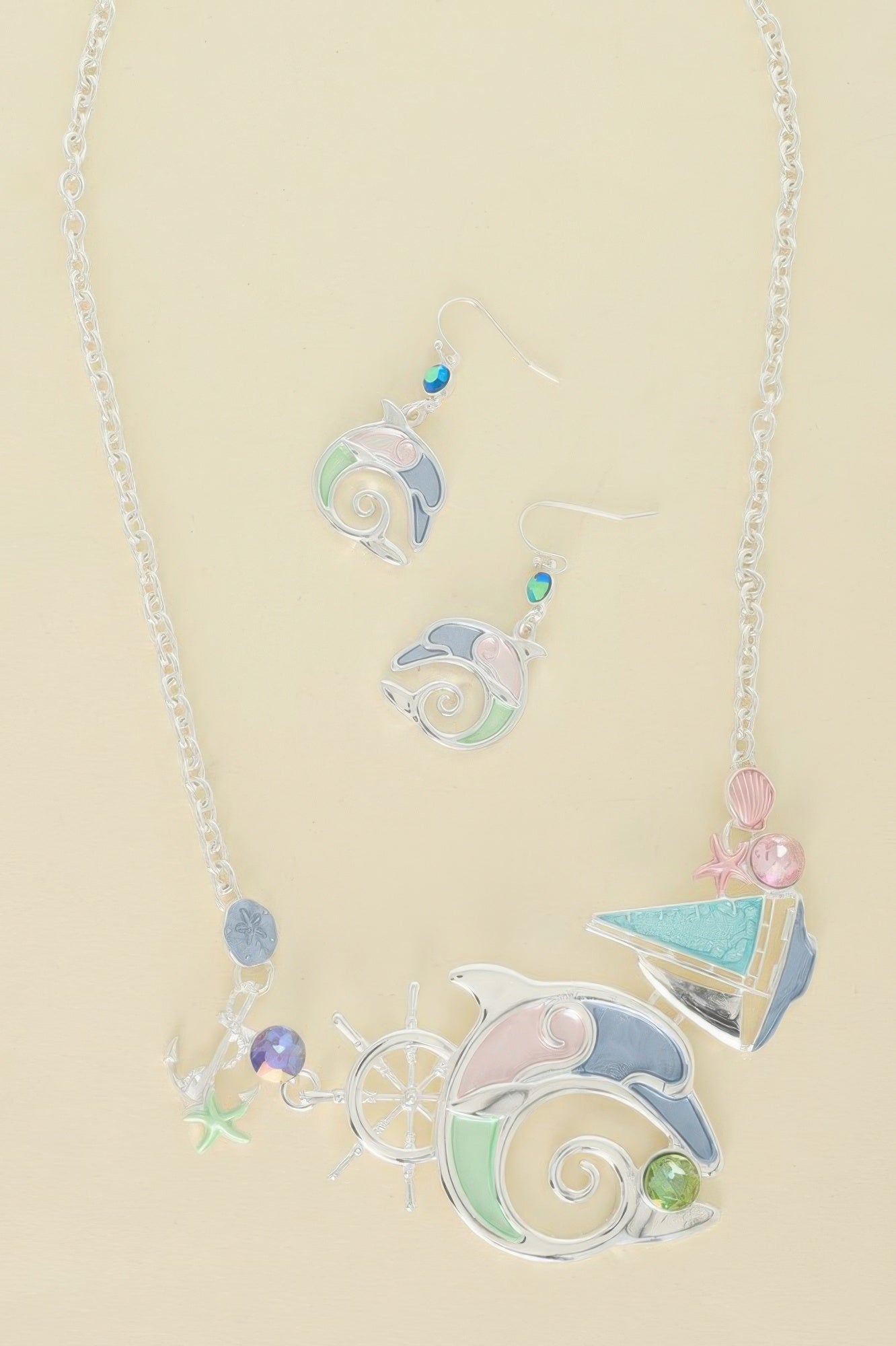 Sea Life Dolphin Rhinestone Metal Bib Necklace Set