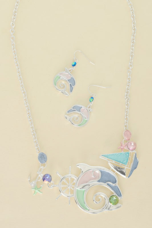 Sea Life Dolphin Rhinestone Metal Bib Necklace Set