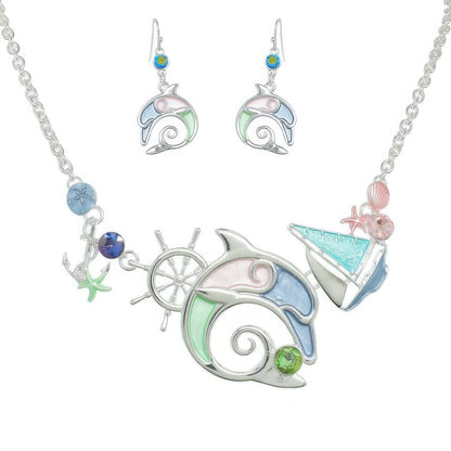 Sea Life Dolphin Rhinestone Metal Bib Necklace Set