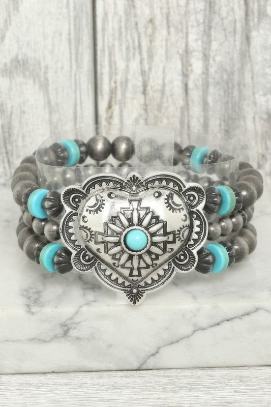 Western Heart Turquoise Bead Bracelet
