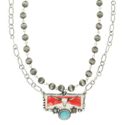 Western Red Bull Turquoise Pendant Necklace