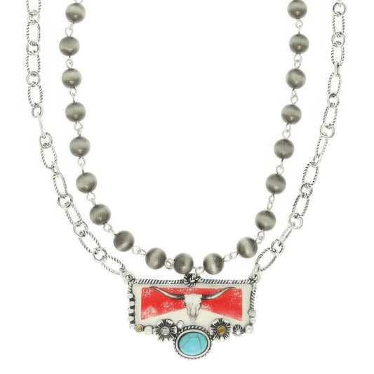 Western Red Bull Turquoise Pendant Necklace