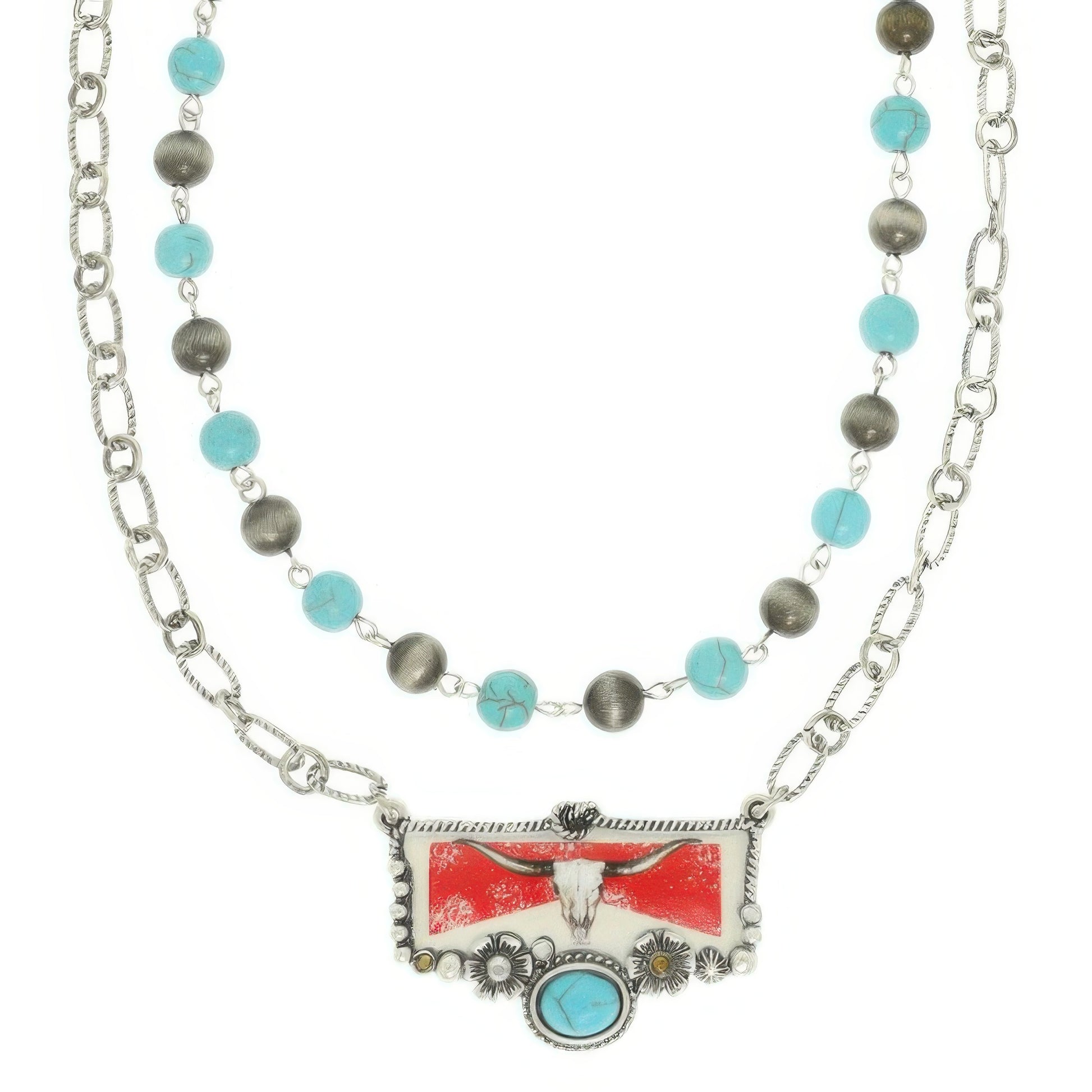 Western Red Bull Turquoise Pendant Necklace