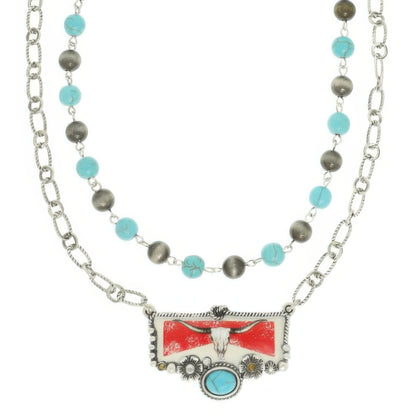Western Red Bull Turquoise Pendant Necklace