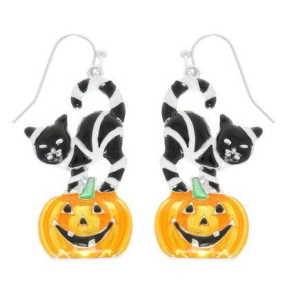 Halloween Black Cat On Pumpkin Earrings