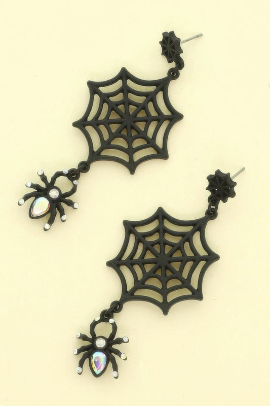 Halloween Enamel Black Webbed Spider Earrings