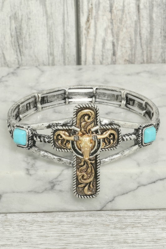 Western Steerhead Cross Stretch Bracelet