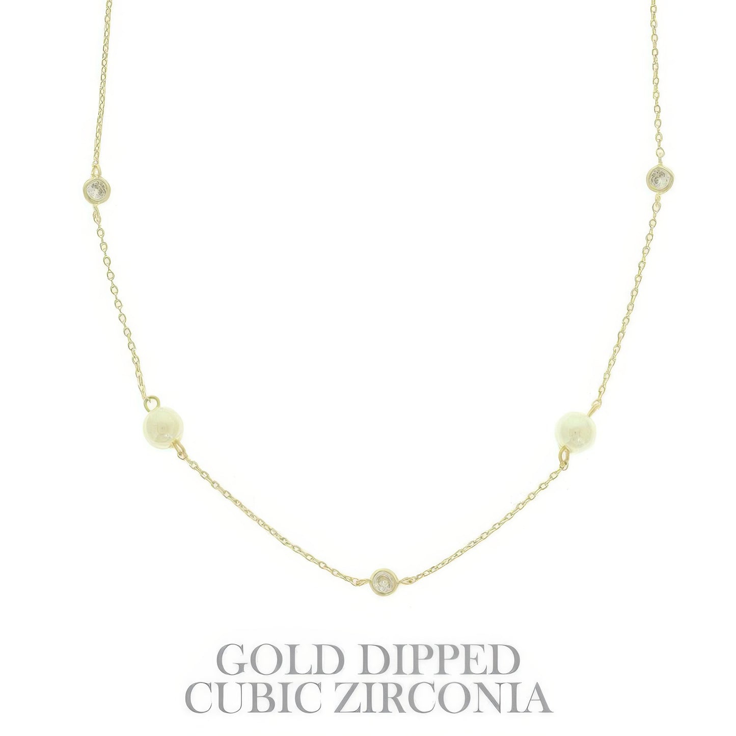 Gold Plated Pearl & Cz Station Necklace