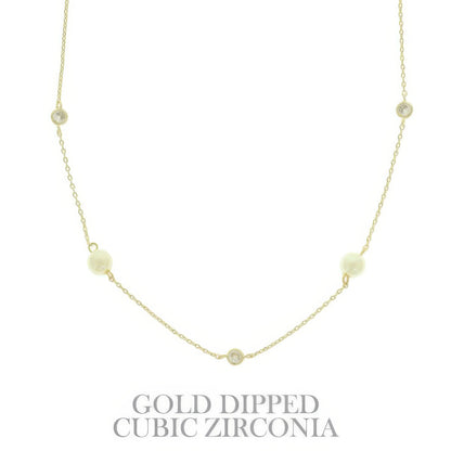 Gold Plated Pearl & Cz Station Necklace