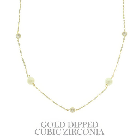 Gold Plated Pearl & Cz Station Necklace