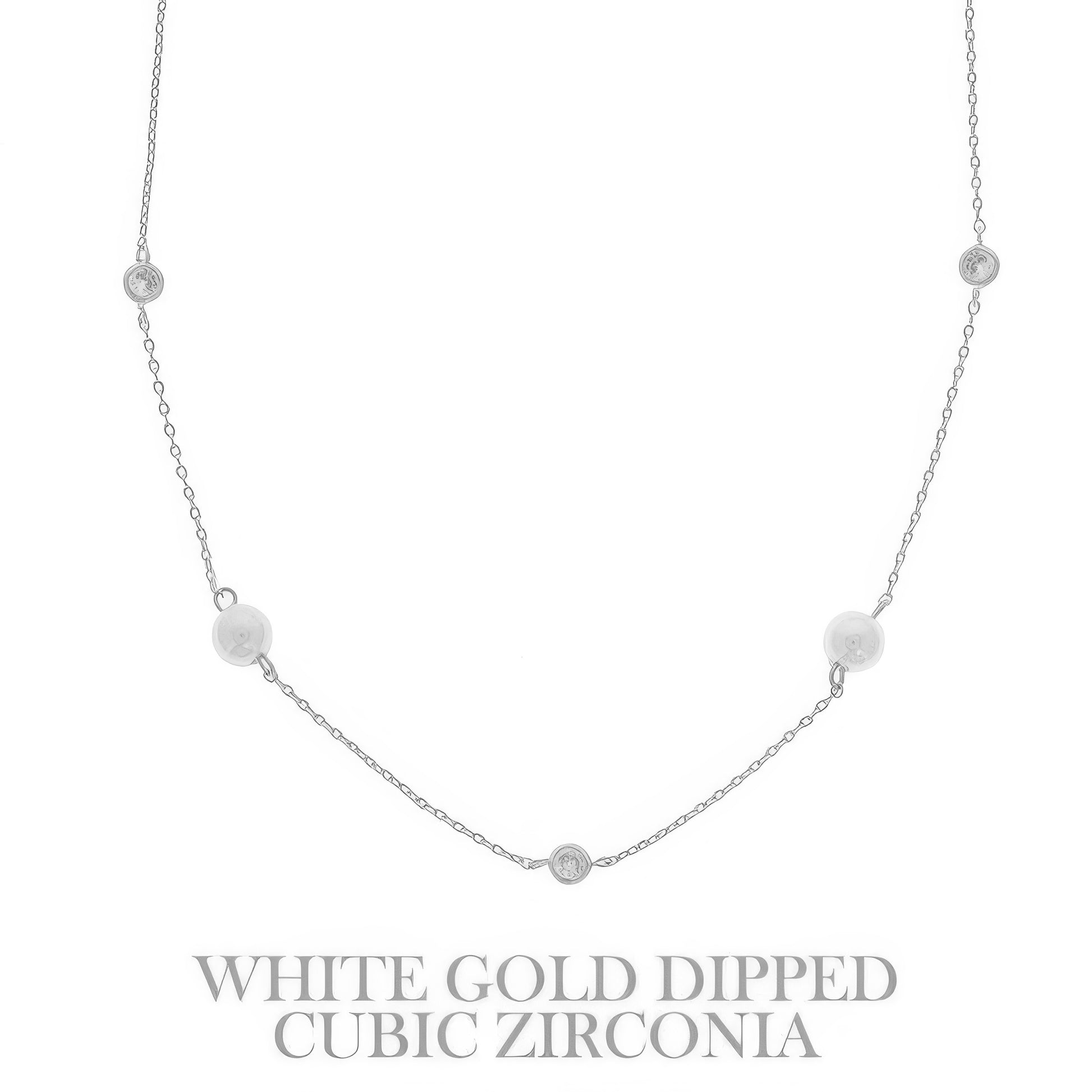 Gold Plated Pearl & Cz Station Necklace