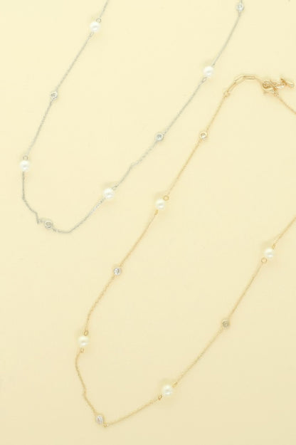 Gold Plated Pearl & Cz Station Necklace