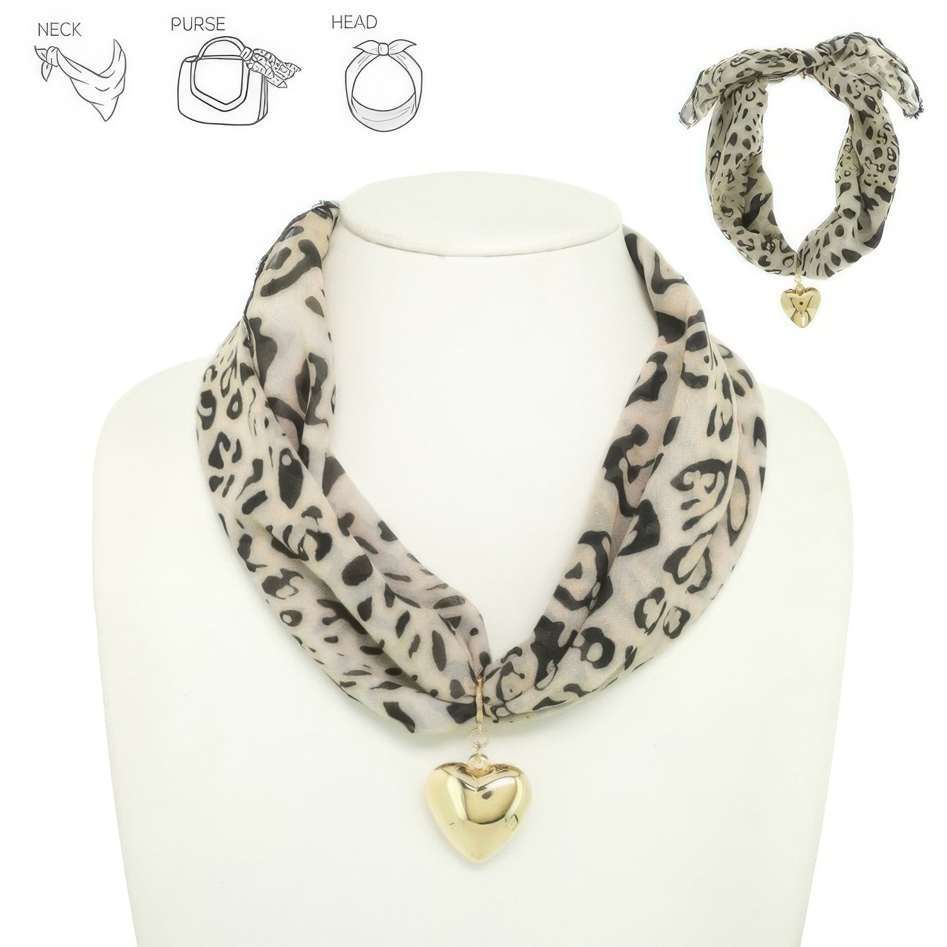 Graphic Print Heart Pendant Scarf Tie Necklace