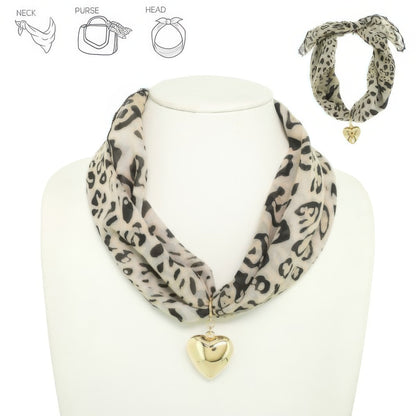 Graphic Print Heart Pendant Scarf Tie Necklace