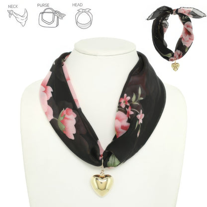 Graphic Print Heart Pendant Scarf Tie Necklace