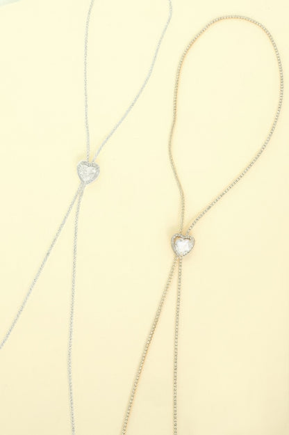 Bezel Set Crystal Heart Charm Bolo Necklace