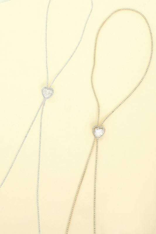 Bezel Set Crystal Heart Charm Bolo Necklace