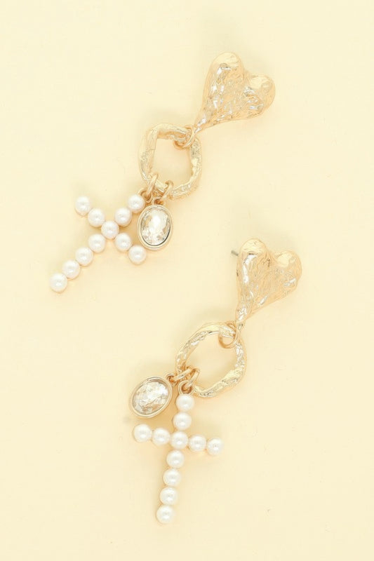 Jeweled Cross Heart Charm Earrings