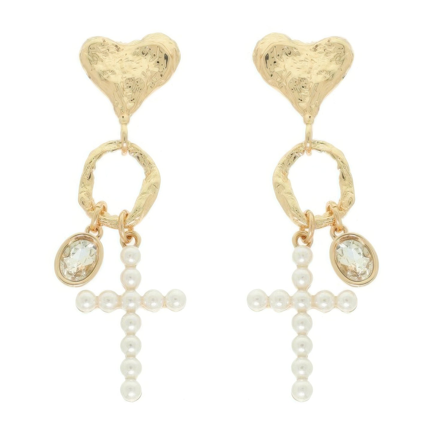 Jeweled Cross Heart Charm Earrings