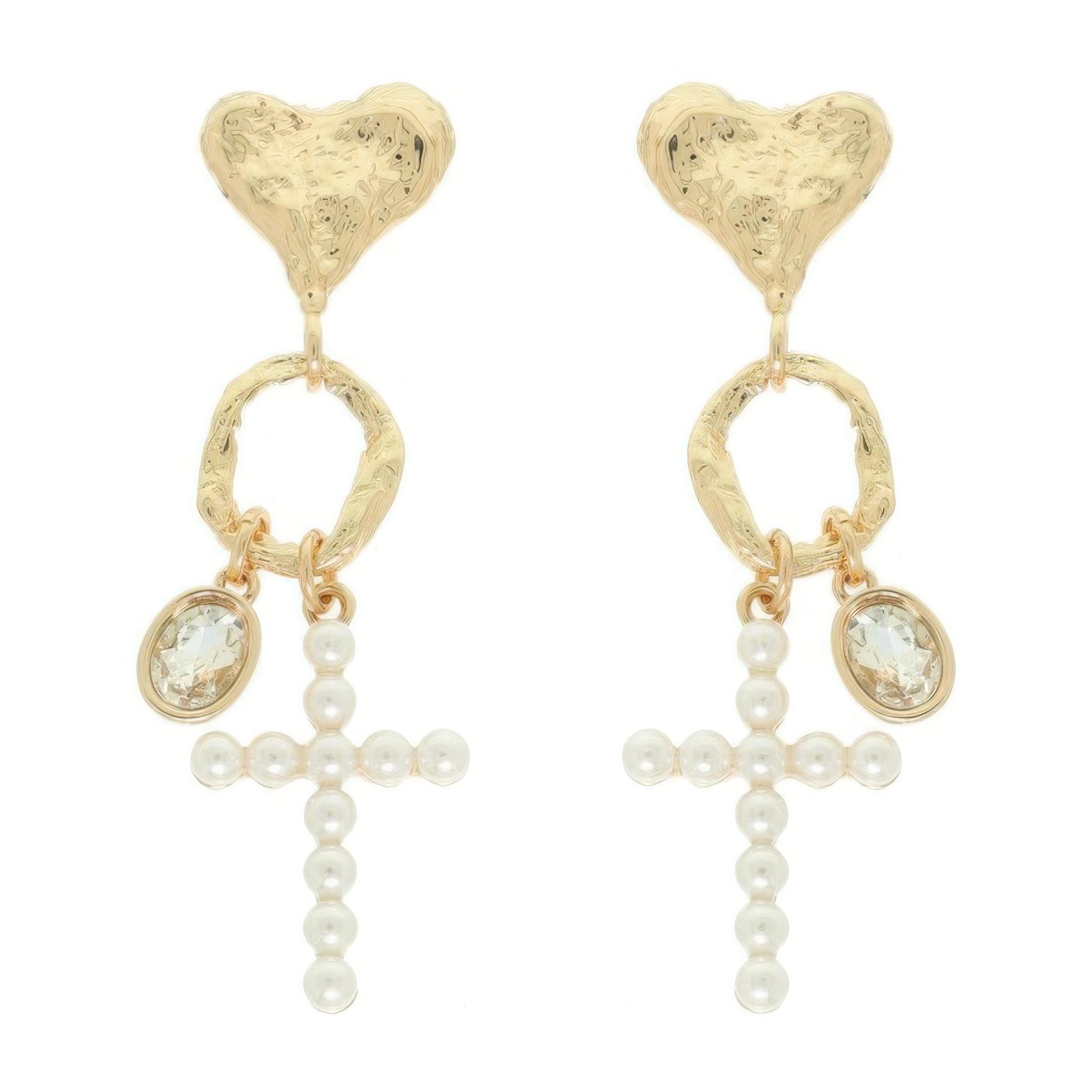 Jeweled Cross Heart Charm Earrings