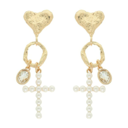 Jeweled Cross Heart Charm Earrings