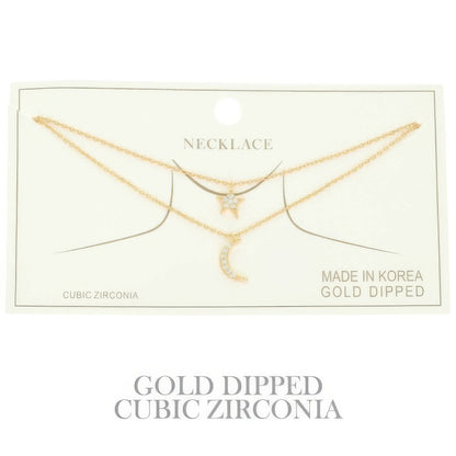 Cz Gold Plated Moon And Star Pendant Necklace