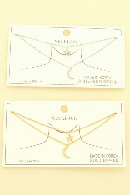 Cz Gold Plated Moon And Star Pendant Necklace