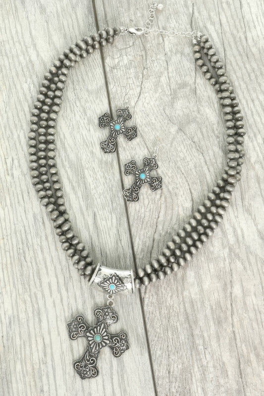 Western Turquoise Cross Necklace Set
