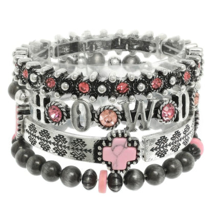 4pc Western Jeweled Beaded Cross Bracelet Set