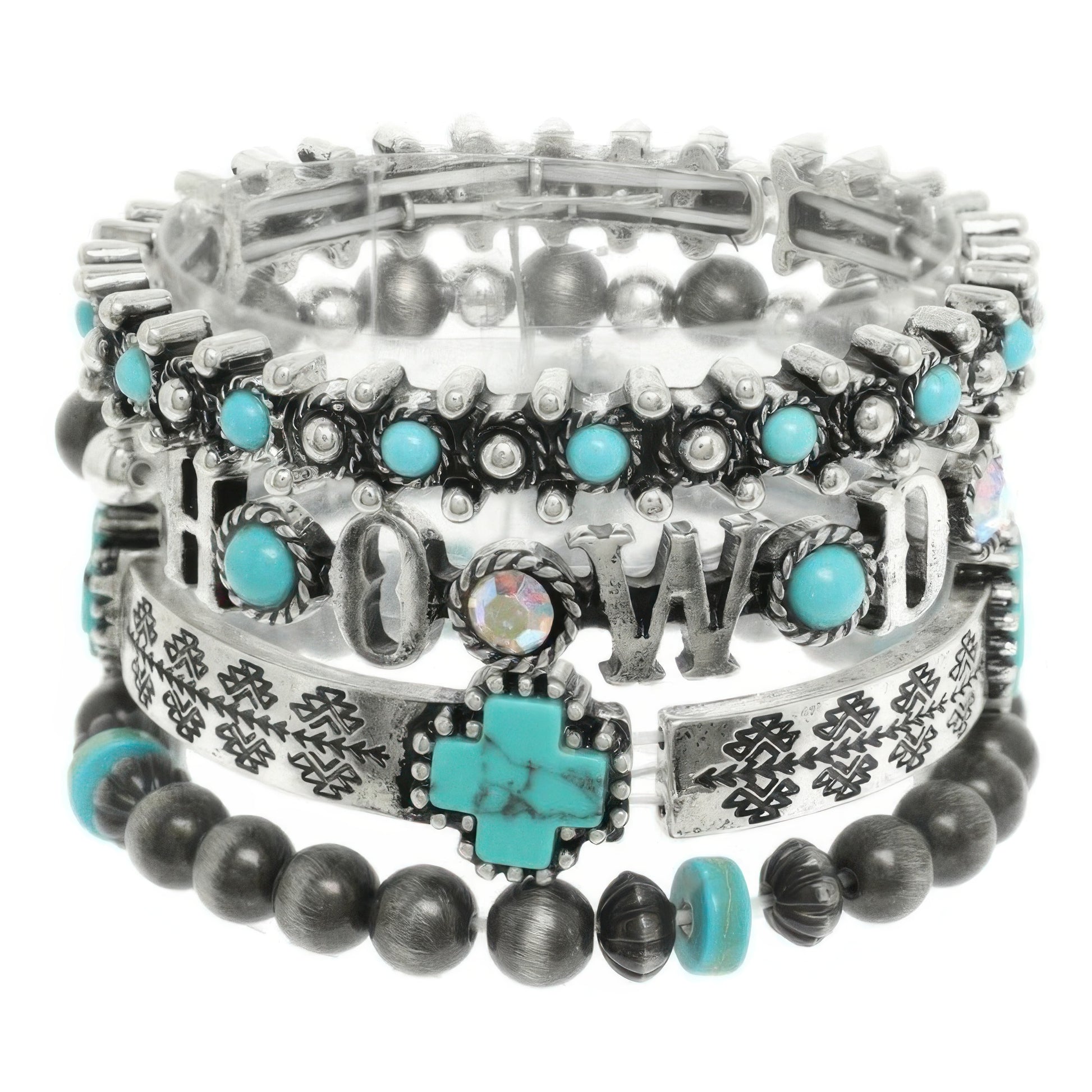 4pc Western Jeweled Beaded Cross Bracelet Set