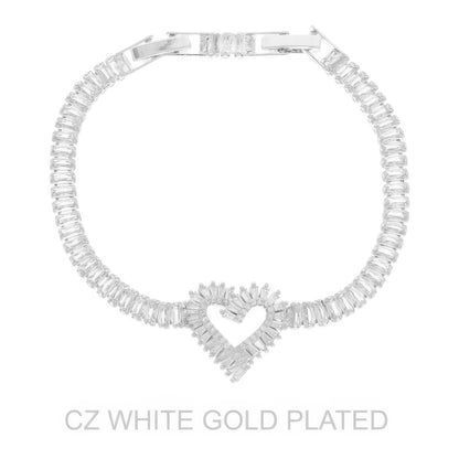 White Gold Plated Cz Heart Bracelet
