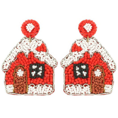 Christmas Gingerbread House Seed Beaded Earrings