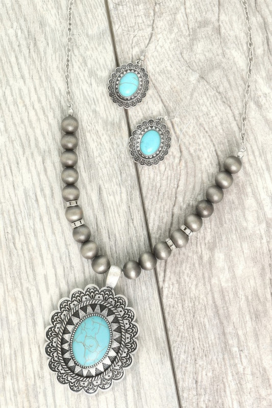 Western Oval Turquoise Concho Beaded Necklace Set