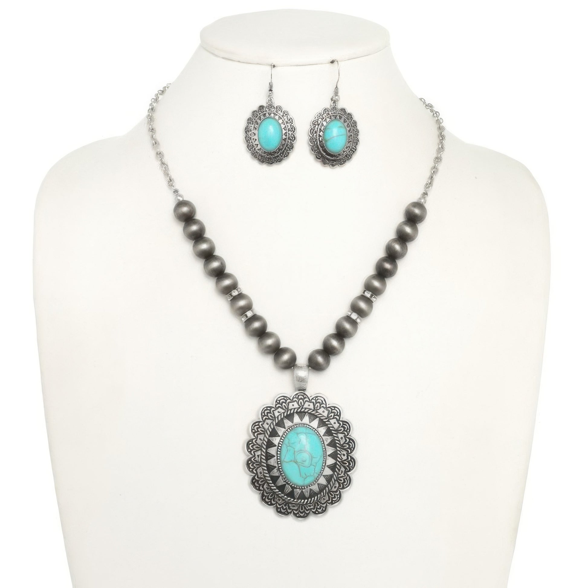 Western Oval Turquoise Concho Beaded Necklace Set