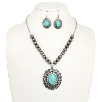 Western Oval Turquoise Concho Beaded Necklace Set
