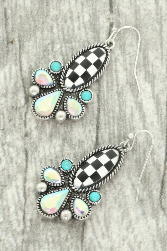 Western Checkered Oval Teardrop Earrings
