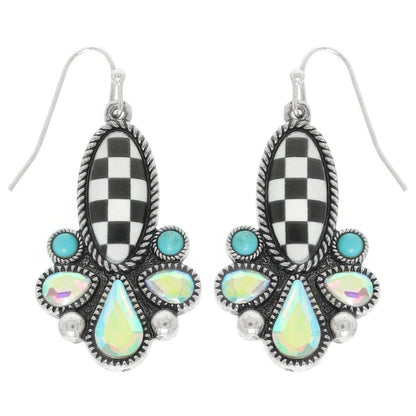 Western Checkered Oval Teardrop Earrings