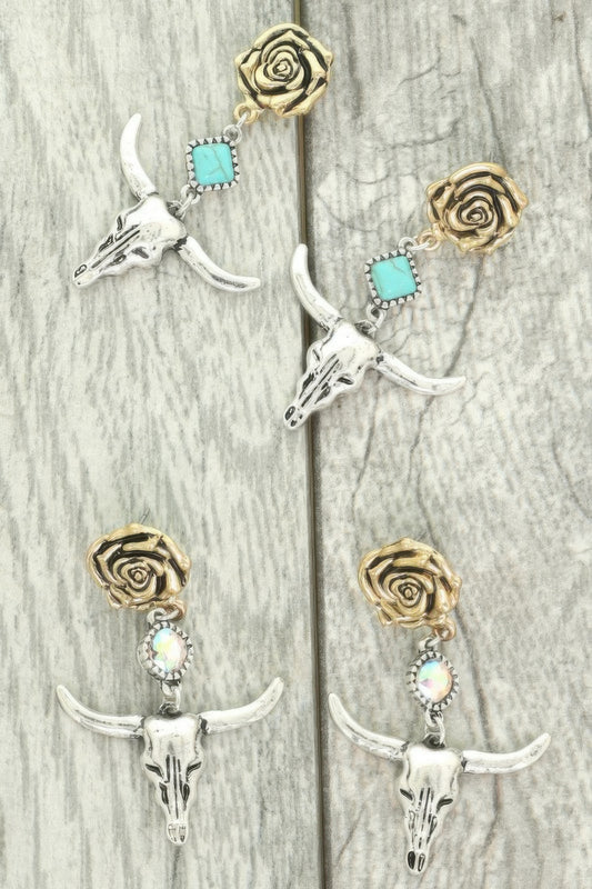Western Floral Steer Skull Earrings