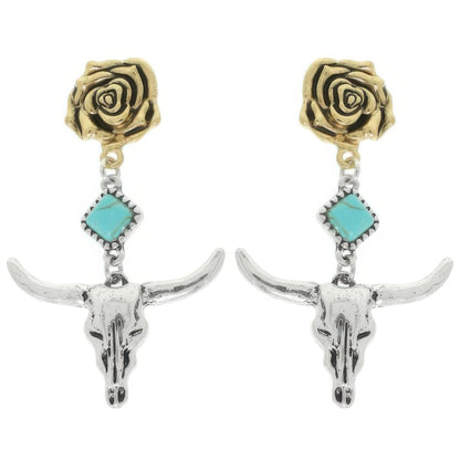 Western Floral Steer Skull Earrings