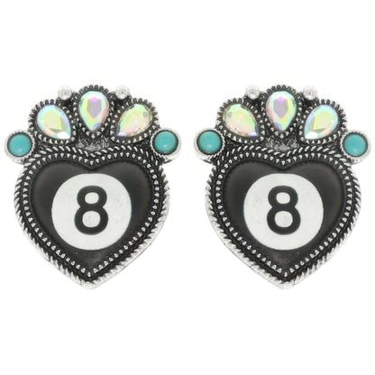 Western 8 Ball Heart Post Earrings