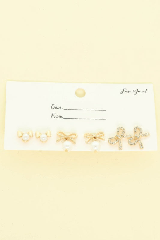 3 Pair Jeweled Bow Stud Earring Set