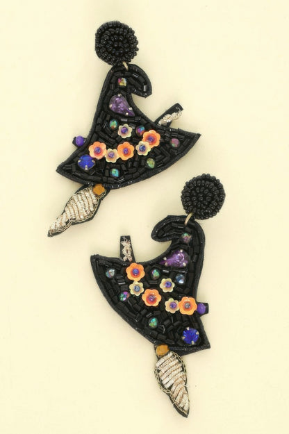 Halloween Witch Hat Seed Beaded Post Earrings