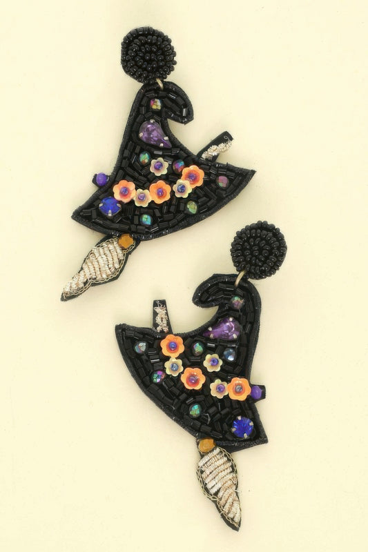 Halloween Witch Hat Seed Beaded Post Earrings