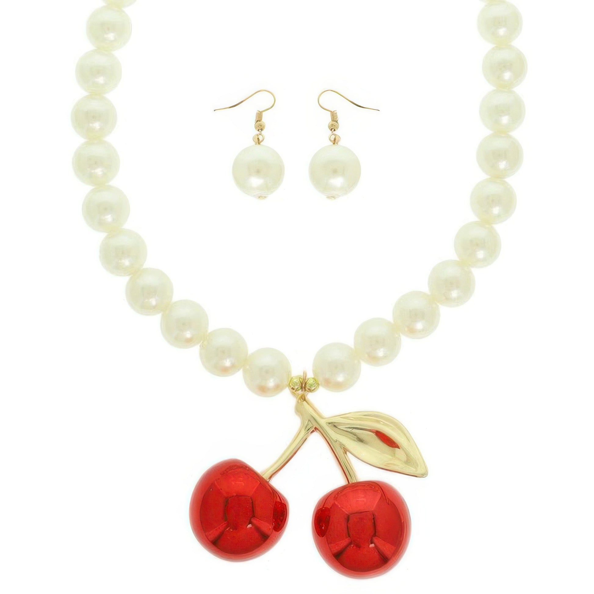 Red Cherry Pendant Pearl Necklace Set
