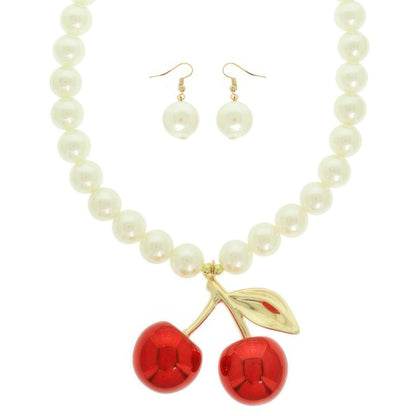 Red Cherry Pendant Pearl Necklace Set
